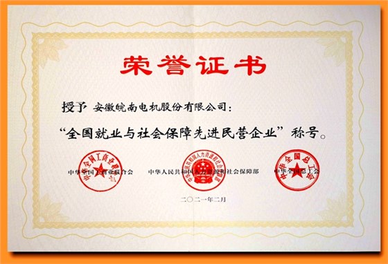 皖南電機:全國就業與社會保障先進民營企業 皖南電機:全國就業與社會保障先進民營企業